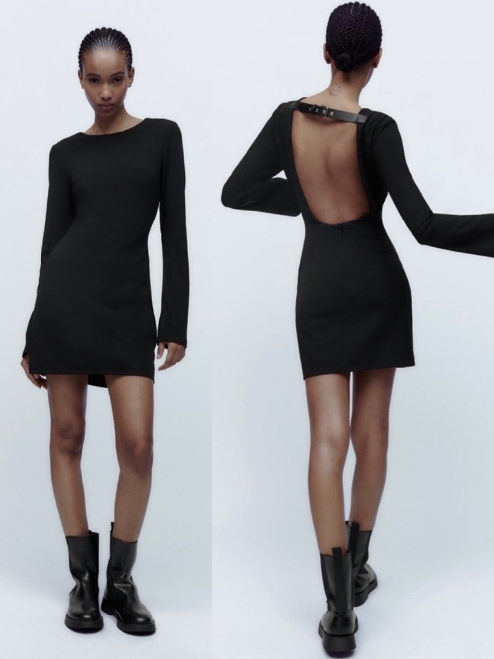 Zara Black Open-Back Long-Sleeve Mini Dress